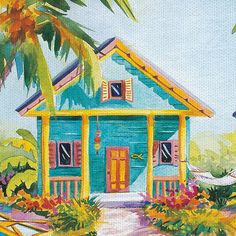 a painting of a blue house with yellow shutters and palm trees in the background