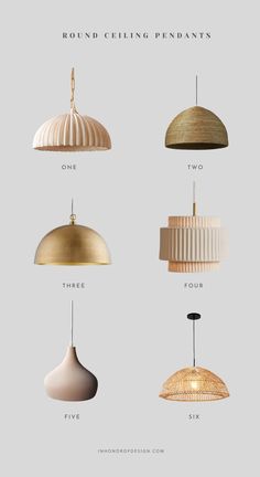 four different types of pendant lights hanging from the ceiling, one is gold and two are white