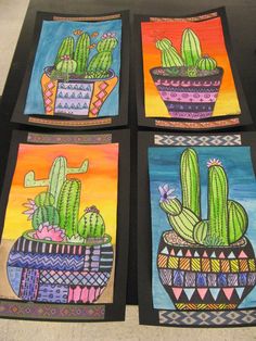 four paintings of cactus in pots on a table