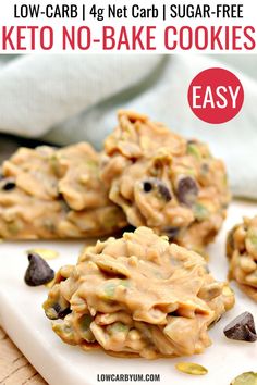 low carb keto no - bake cookies on a cutting board with text overlay