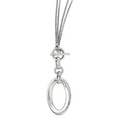 Modern and sophisticated, this fashion necklace offers an instant update. Created in sterling silver, this design features an open oval-shaped drop. The double fancy chain loops around the neck, securing in front with a toggle clasp. A great look anytime, this 17.0-inch necklace is finished with a bright polished shine. Elegant Oval Sterling Silver Chain Necklace, Elegant Toggle Necklace With Adjustable Oval Link Chain, Elegant Metal Toggle Necklace With Oval Link, Oval Silver Chain Necklace, Oval Silver Chain Metal Necklace, Oval Sterling Silver Chain Necklace, Sterling Silver Chain Necklace With Oval Pendant, Elegant Silver Toggle Necklace With Cable Chain, Elegant Metal Toggle Necklace With Cable Chain