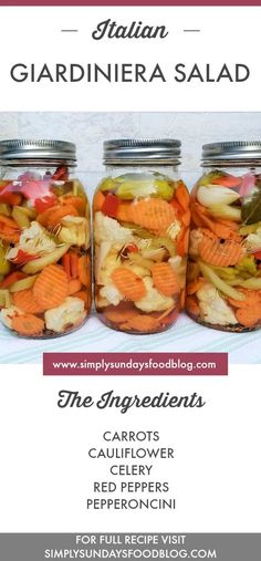 three jars filled with different types of vegetables