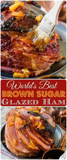 the words world's best brown sugar glazed ham are shown in three different pictures