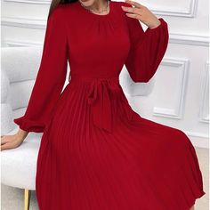 Flattering Pleated Belted Midi Dress - Stylish Crew Neck & Lantern Sleeves - Perfect For Spring & Summer Gold Cocktail Dress, Gold And Black Dress, Dress Stylish, Belted Midi Dress, Bow Detail Dress, Lounge Dress, Knit Mini Dress, Distressed Black Jeans, Sleeveless Mini Dress