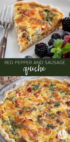 red pepper and sausage quiche with berries on the side