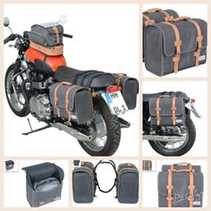 an orange and black motorcycle with luggage on it's back tire bag attached to the seat