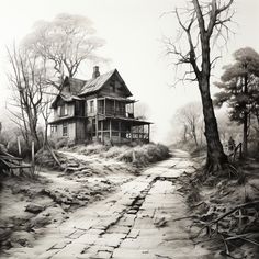 a drawing of a house in the middle of a dirt road with trees and rocks on either side