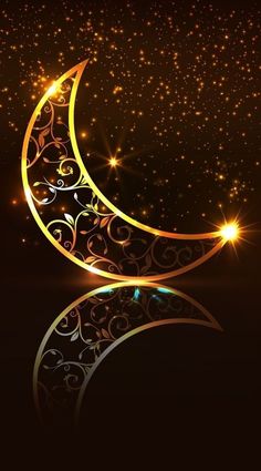 a shiny gold crescent on a black background with stars and sparkles in the sky