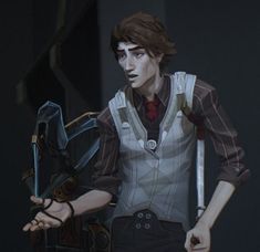 an animated image of a man holding a knife and looking at another person's hand