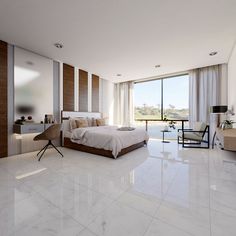 a modern bedroom with large windows and white tile flooring