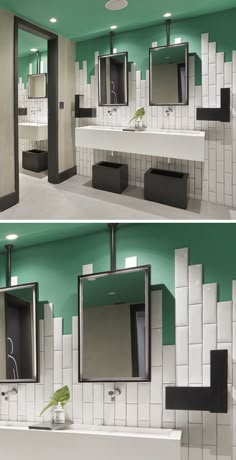 two pictures of a bathroom with green walls and white tiles on the wall, one has a mirror above the sink