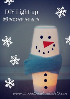 a paper cup with a snowman on it and the words, diy light up snowman