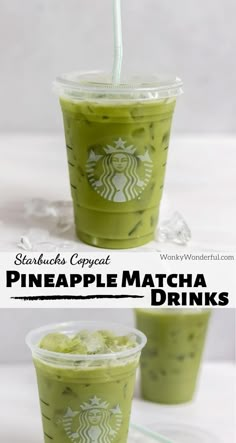 starbucks pineapple matcha drinks in plastic cups with straws on the top and bottom