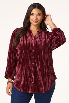 Statementmaking and ohsochic this button down style is sure to catch your eye Starting with a button vneckline and continuing with a button down front relaxed fit and crushedvelvet feel this top is bringing a little lux to your look for those autumn afternoons and nights34 sleevesButton down front95 polyester 5 spandexMachine washImported Button Down Style, Velvet Tunic, Velvet Shirt, Crushed Velvet, Native American, Relaxed Fit, Bring It On, Velvet, Plus Size