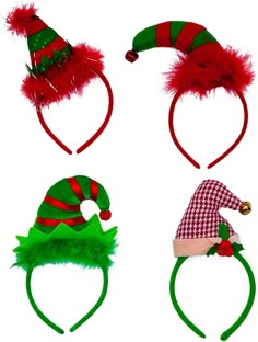 four elf hats with red and green hair on top of each other's headbands