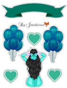 a girl with long hair and blue balloons in her hand is surrounded by hearts,