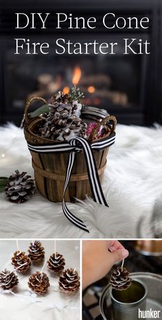 diy pine cone fire starter kit with instructions to make it in the shape of a basket