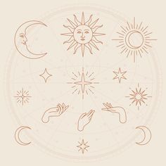 the sun, moon and stars are arranged in a circle with hand drawn symbols on it