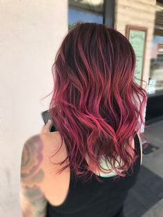 Auburn Pink Balayage, Magenta Halo Hair, Bright Pink Balayage Brunette, Dark Red Hair With Pink Highlights, Bright Pink Balayage, Dark Hair With Pink Highlights, Dark Pink Hair Color