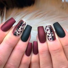 Burgundy Matte Nails, Nail Art Tattoo, Acrylic Coffin Nails, Animal Print Nails Art, Nails Art Ideas, Leopard Print Nails, Matte Nails Design, Nails Design With Rhinestones, Print Nails