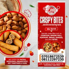 an advertisement for crispy bites is shown in red and white colors with the words, we serve