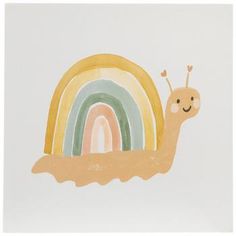 a drawing of a snail with a rainbow in the background and a smiling face on it's back