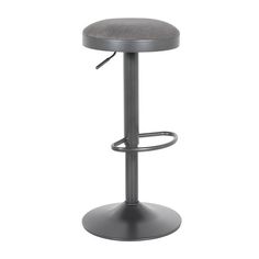 a grey stool with a black foot rest on it's back and seat upholstered to the base