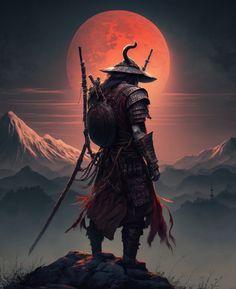 a man in armor standing on top of a hill under a red moon with two swords