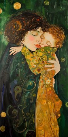 a painting of two people hugging each other in front of green and gold circles around them