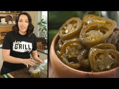 a woman standing in front of a wooden bowl filled with green peppers next to an image of