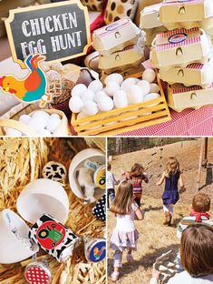 several pictures of children at an egg hunt with chickens and eggs in boxes on the ground