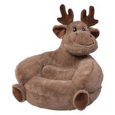 a large stuffed moose sitting in a bean bag chair with its eyes closed and tongue out