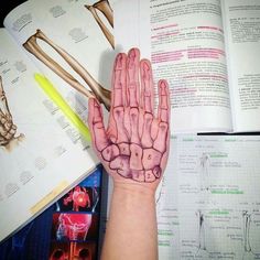 a person's hand with drawings on it next to an open book and medical diagrams