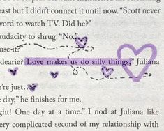 a piece of paper with words written on it and hearts drawn in purple ink over the page