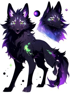 two black wolfs standing next to each other on a white background with stars and bubbles