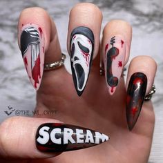 17 Best Scary Halloween Nail Ideas To Follow Micheal Myers Nail, Ghostface Nail Designs, Ghostface Nails Short, Halloween Nails Ghostface, Spoopy Nails, Cosmo Nails, Ghostface Nails, Horror Nails