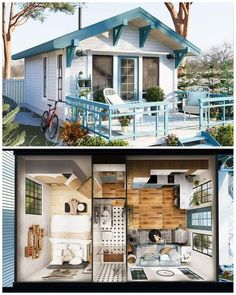 two pictures showing the inside and outside of a small house with porches on each floor