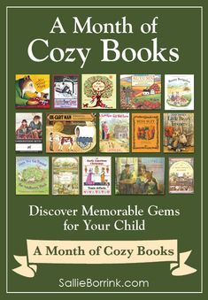 the book cover for a month of cozy books, with an image of children's books