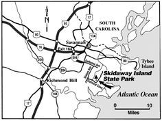 a map showing the location of skadaway island state park