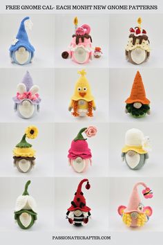 crocheted gnome hats with different styles and colors for children to wear on their head