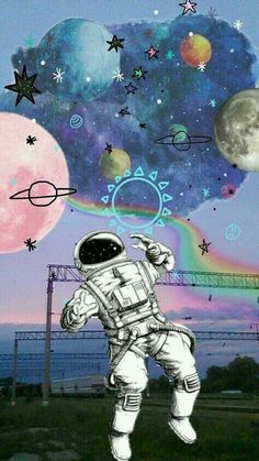 an astronaut floating in the sky with stars and planets