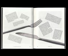 an open book with forks and spoons on the pages, in black and white