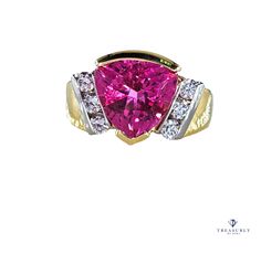 Make a sparkling statement with this unique custom-made 18k Gold & Platinum Pink Tourmaline and Diamond Ring.The NATURAL, luscious approx. 3.35ct Triangular Tourmaline is in Bright Neon Glowing Purplish Pink color, transparent, super clear, and bright, richly saturated color, accompanied by a GIA certificate #2235409324. The measurements of the gemstone are 9.40x9.96x6.53mm.An electric pink tourmaline radiates from within equally stunning 18K Yellow Gold, Platinum and diamond mounting with 6 round brilliant Cut diamonds. Estimated Diamond total weight is 0.30ct, F-G color, VS2 clarity. This is truly unique, custom designed and hand-forged super fine estate ring by Kerry Lee.*The weight of the ring is 9.16gr, Solid.Finger size 5 1/2 , can be sized. The band width tappers from 7.55mm to 4.23 Hand Forged Jewelry, Edwardian Engagement Ring, Victorian Engagement Rings, Gia Certificate, Estate Ring, Engagement Sets, Right Hand Rings, Art Deco Engagement, Red Gemstones