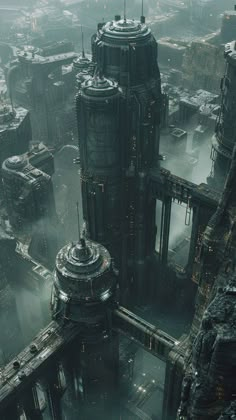 an aerial view of a sci - fi city in the middle of foggy weather