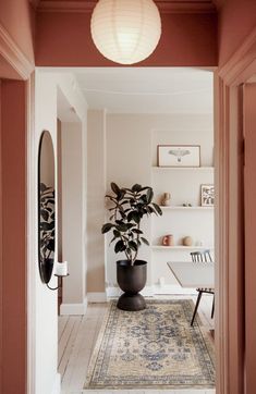 a plant in a black pot sitting on top of a rug next to a doorway