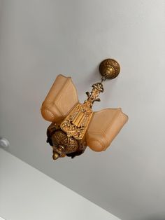 an ornate light fixture hangs from the ceiling