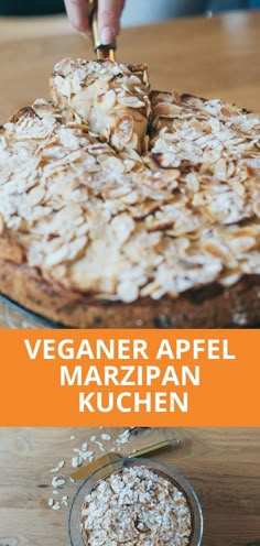 a person cutting into a pizza on top of a wooden table with text overlay that reads vegan apple marzipan kuchen