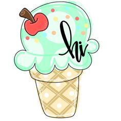 an ice cream cone with a cherry on top and the word kil written in cursive writing