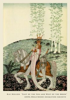 an illustration of a man riding on the back of a horse next to a tree