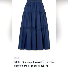 The Tiered Design Of Staud's Midi Skirt Adds Movement To The Voluminous Shape. It's Made From Breezy And Slightly Stretchy Cotton-Poplin In A Versatile Navy Hue That Feels Particularly Sophisticated When Worn On Vacation. Wear Yours With A Cropped Top To Show Off The High-Rise Waist. Vacation Wear, Women Skirts Midi, On Vacation, Cropped Top, Cotton Poplin, Midi Skirt, Womens Skirt, High Rise, Size 4